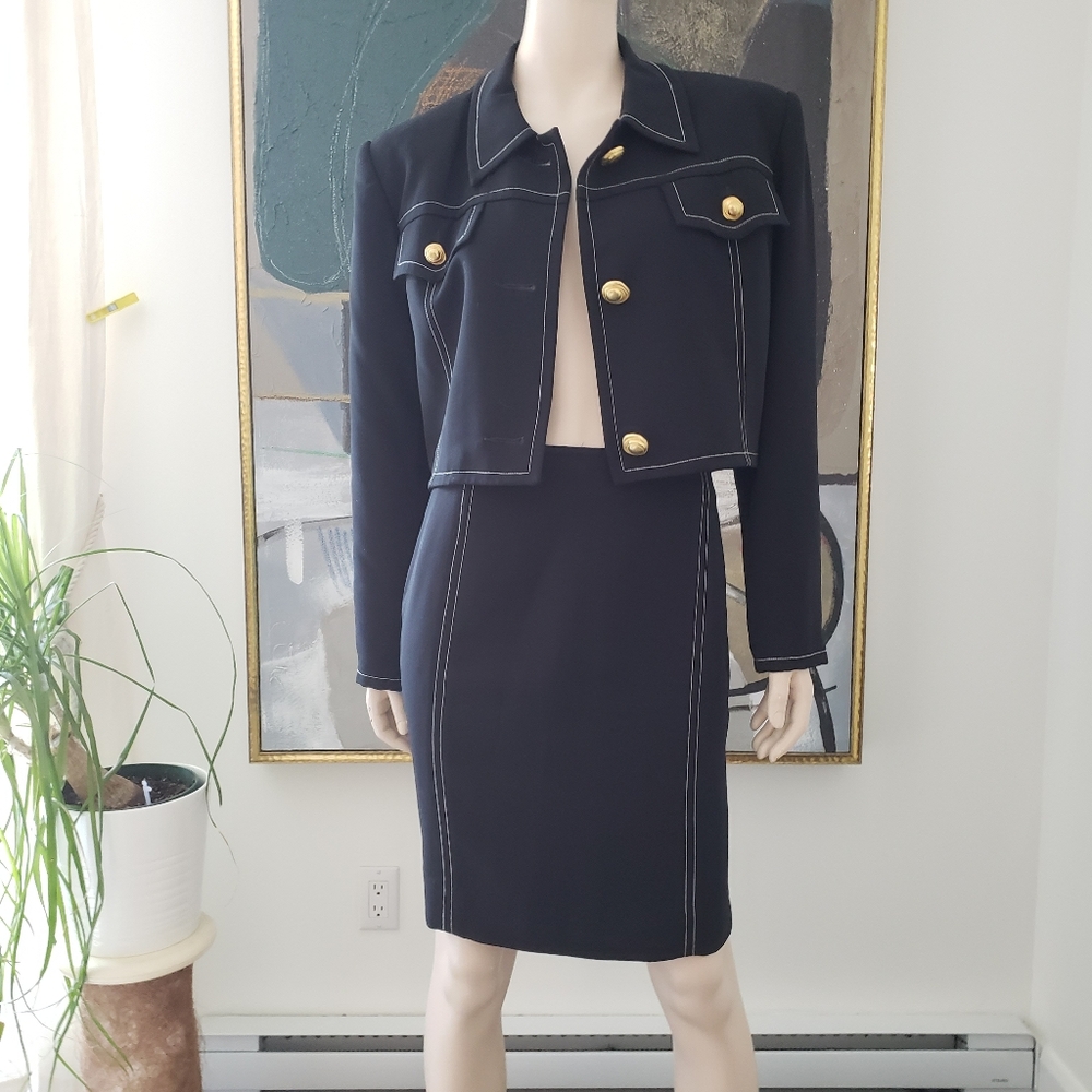 Bill Blass | Cropped Blazer and Skirt Set with Contrast Stitch